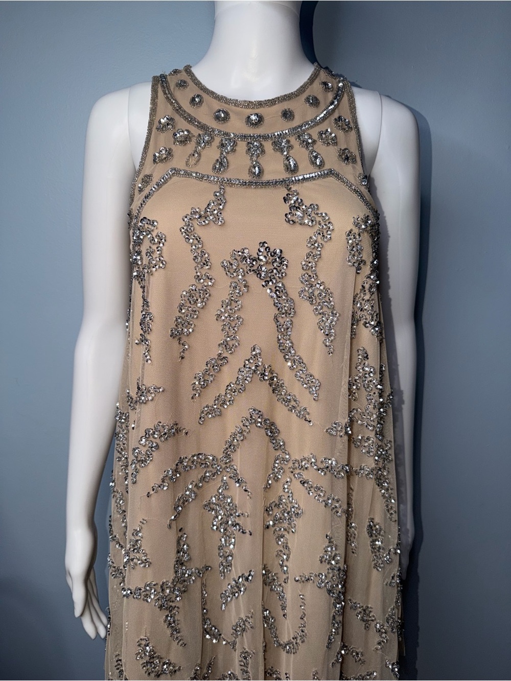 Embellished Taupe Sleeveless Shift Dress - Picture 5 of 13